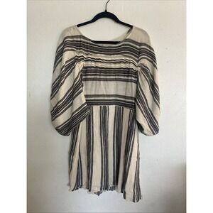 Free People Striped Linen Dress Babydoll Peasant Cottagecore. Sz XS Puff‎ Sleeve